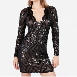 Express Long Sleeve Sequin V Neck Dress